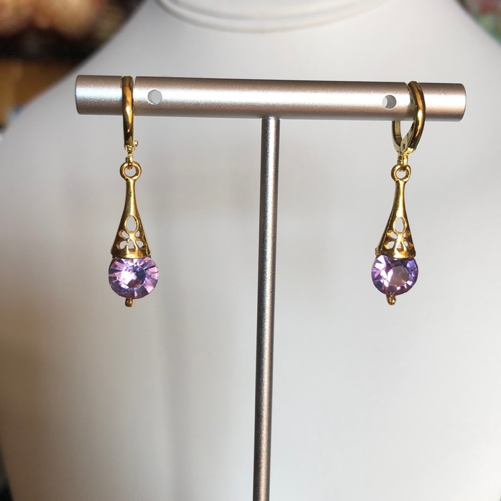 Purple Crystal Drop Leverback Earrings